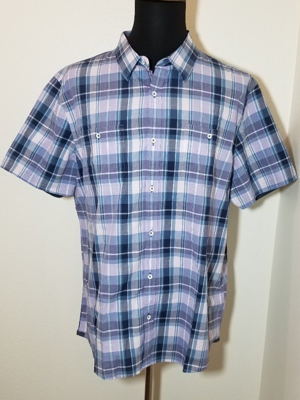 Flag & Anthem Mens XL Blue Plaid Short Sleeve Button Up Shirt Retro Preppy NWT